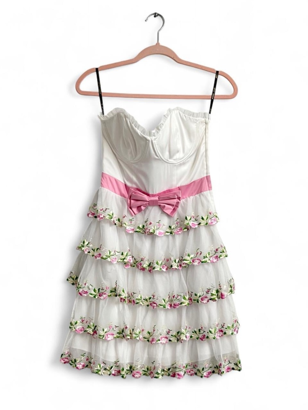 Betsey Johnson White & Pink Floral Tiered Party Dress with Bow - Picture 1 of 8